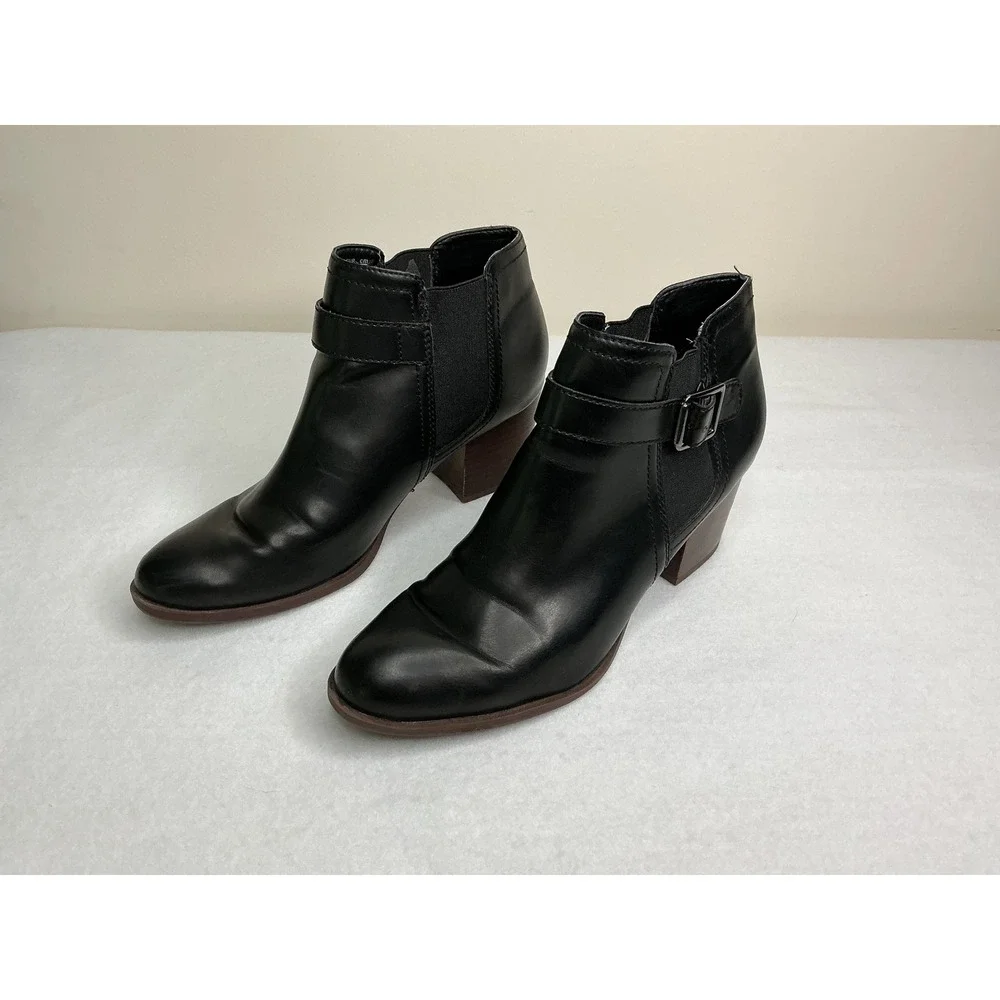 Franco Sarto Malvina Black Ankle Boots Block Heel Buckle 9.5M